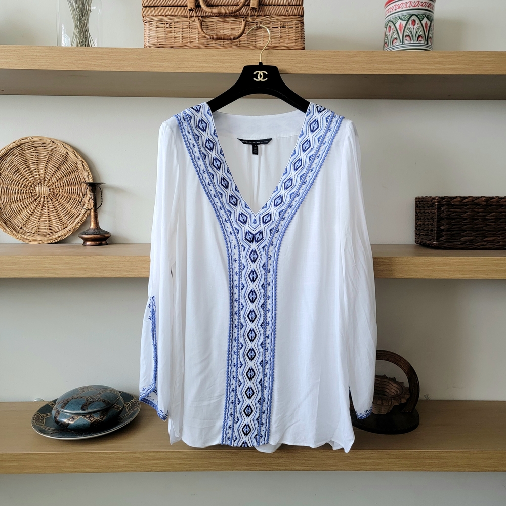 WHBM White and Blue Embroidered Tunic Top White House Black Market